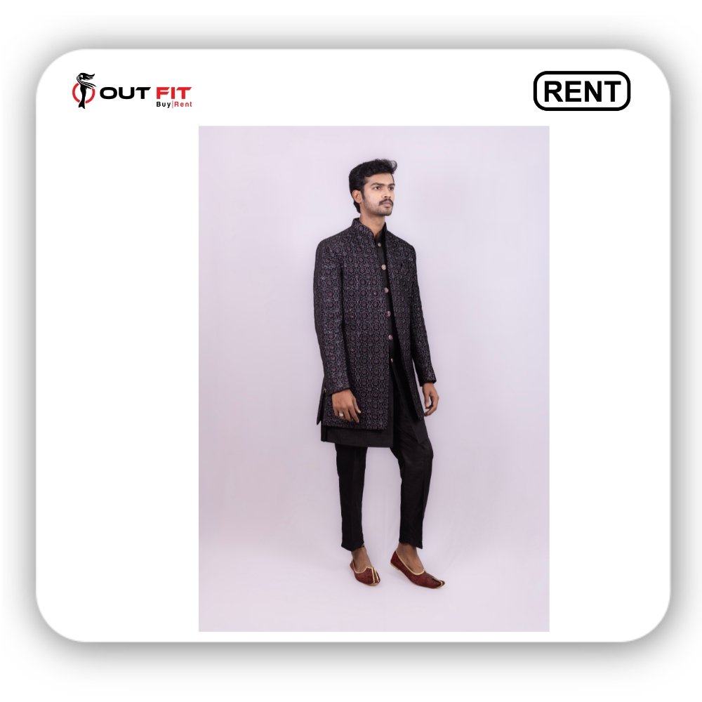Embroidered Georgette Sherwani in Black On Rent in Bangalore (4)