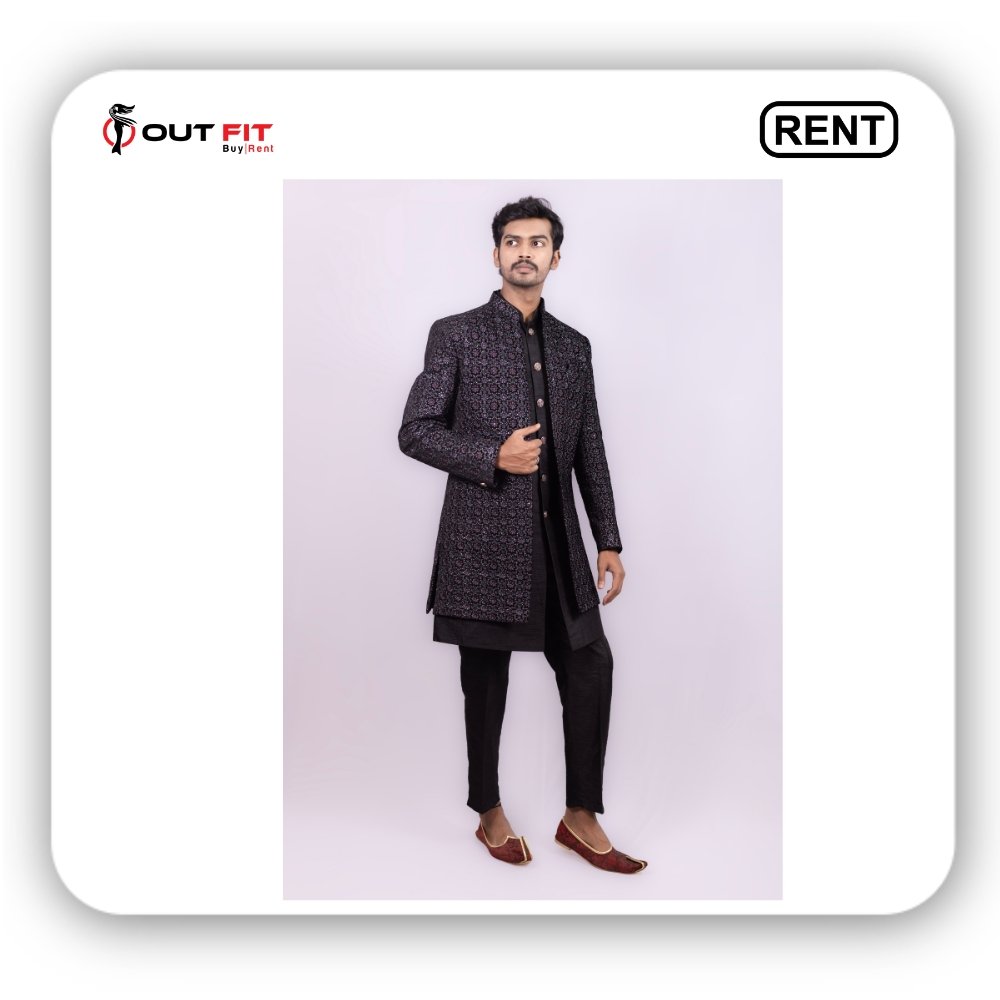 Embroidered Georgette Sherwani in Black On Rent in Bangalore Embroidered Georgette Sherwani in Black On Rent in Bangalore