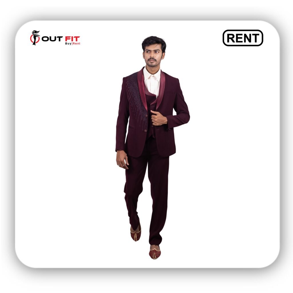 Outfit Rental Shop Bangalore_ Rent a Wine Embroidered Designer Outfit in Bangalore Elegant Wine Embroidered Designer Outfit on Rent in Bangalore