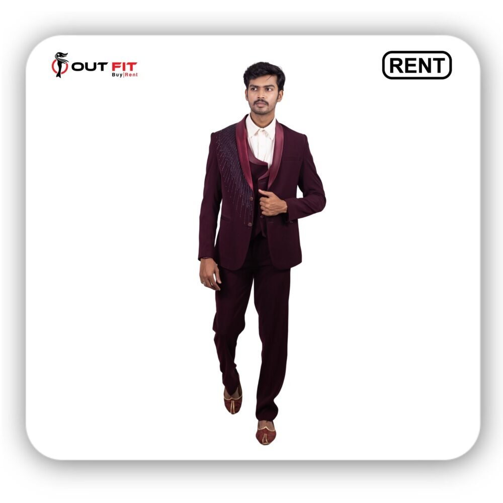 Outfit Rental Shop Bangalore_ Rent a Wine Embroidered Designer Outfit in Bangalore Elegant Wine Embroidered Designer Outfit on Rent in Bangalore
