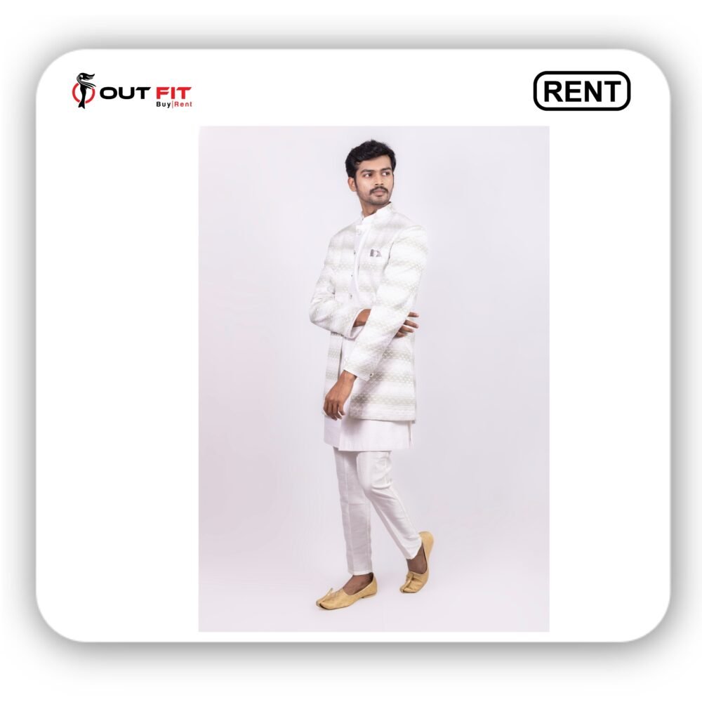 White Embroidered Indo Western Sherwani Set On Rent in Bangalore White Embroidered Indo Western Sherwani Set On Rent in Bangalore