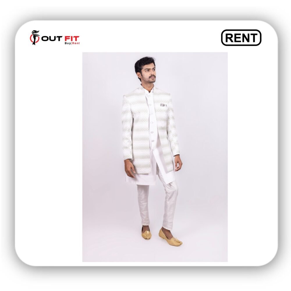 White Embroidered Indo Western Sherwani Set On Rent in Bangalore