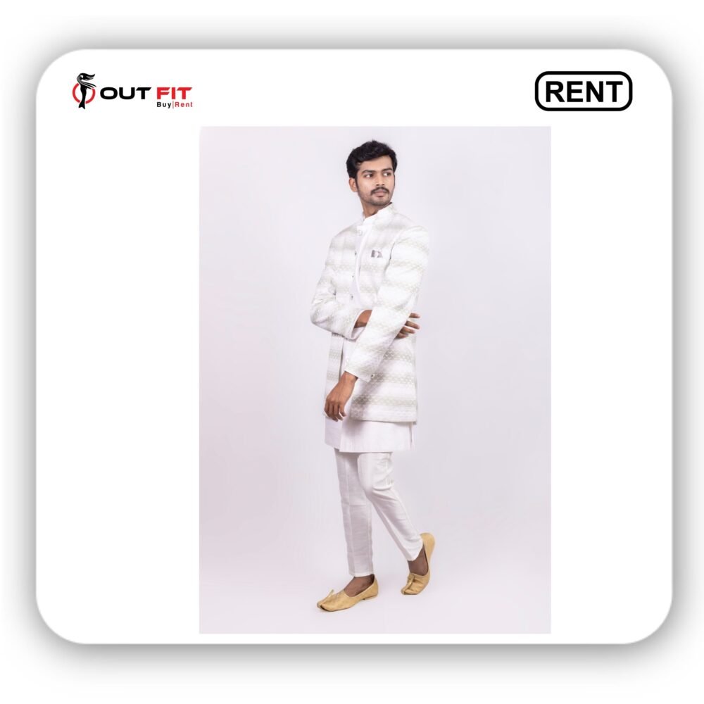 White Embroidered Indo Western Sherwani Set On Rent in Bangalore