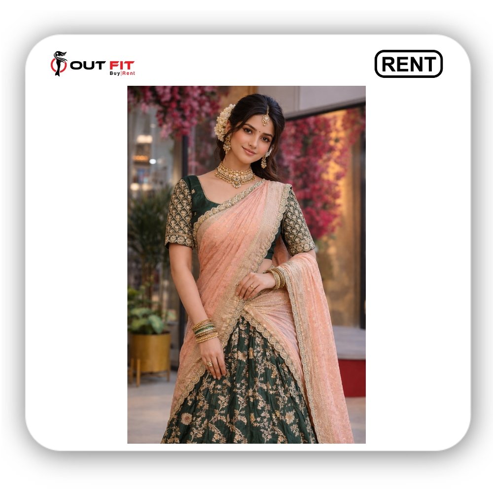 Emerald Green Embroidered Lehenga Set with Peach Dupatta on rent in Bangalore (1) Emerald Green Embroidered Lehenga Set with Peach Dupatta on rent in Bangalore (1)