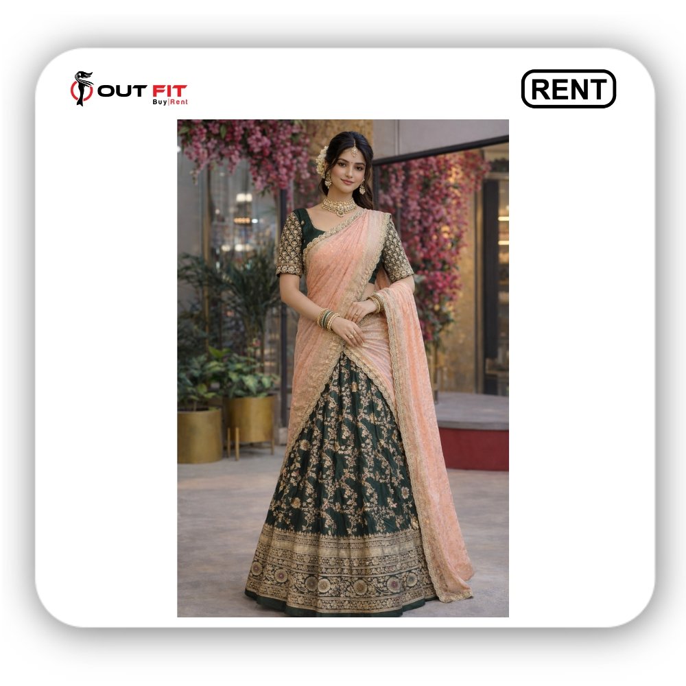 Emerald Green Embroidered Lehenga Set with Peach Dupatta on rent in Bangalore (2) Emerald Green Embroidered Lehenga Set with Peach Dupatta on rent in Bangalore (2)