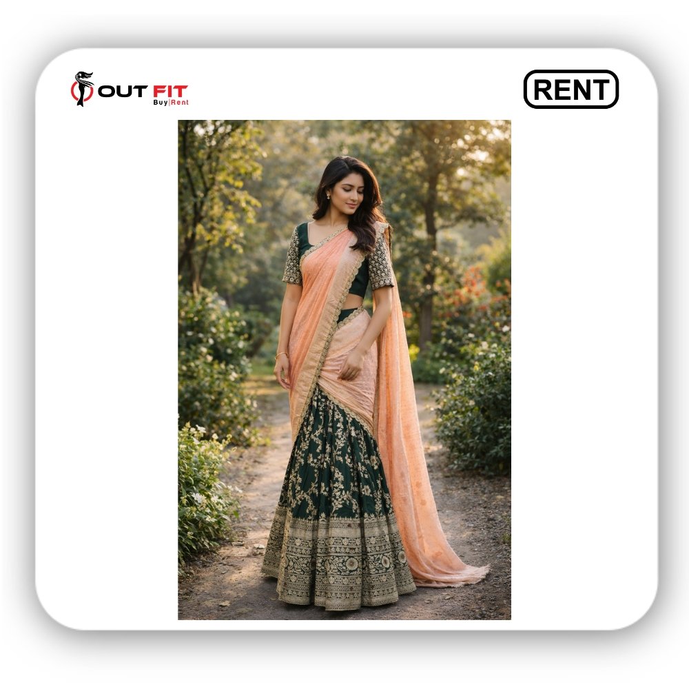Emerald Green Embroidered Lehenga Set with Peach Dupatta on rent in Bangalore