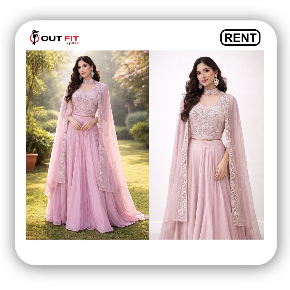 Pastel blush pink Indo-western lehenga on rent in bangalore
