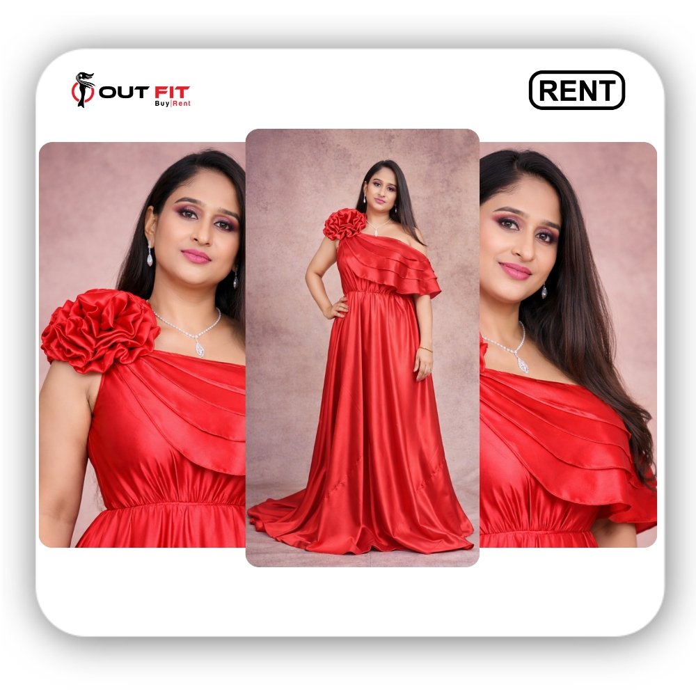 Red One Shoulder Ruffle Gown On Rent in Bangalore