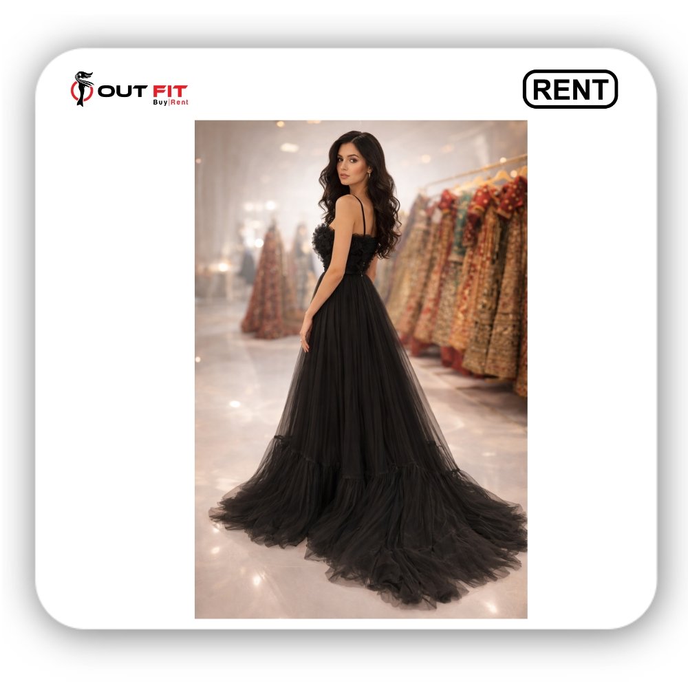 elegant black tulle party gown for rent in bangalore