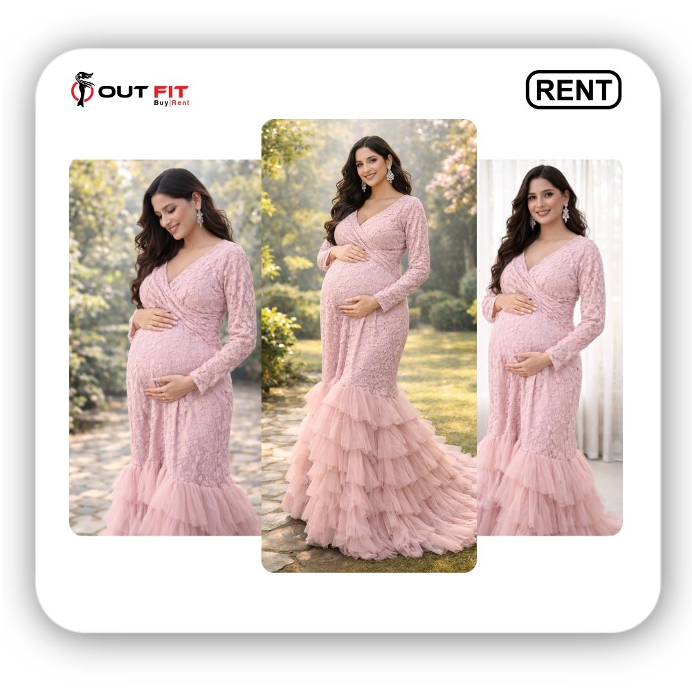 soft blush pink maternity photoshoot gown for rent in bangalore