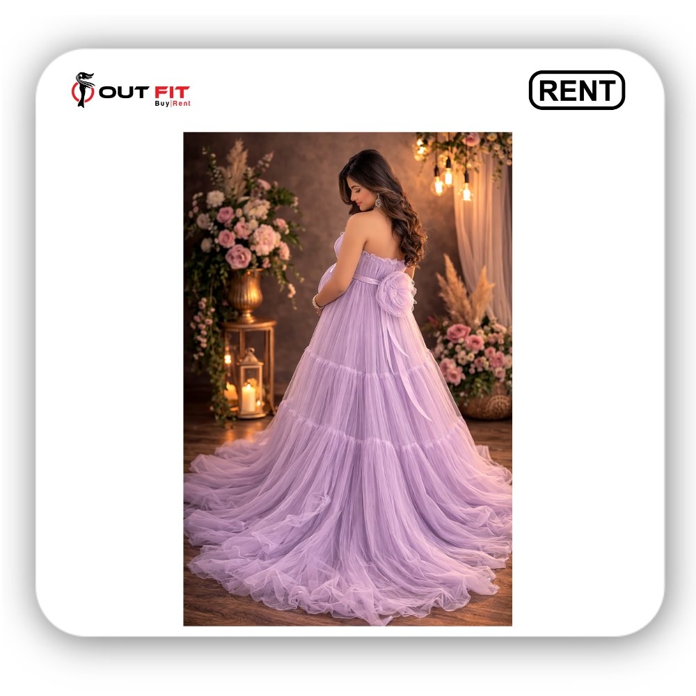 Lavender Ruffled Maternity Photo Shoot Gown Rent in Bangalore