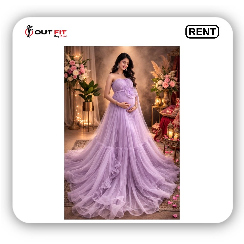 Lavender Ruffled Maternity Photo Shoot Gown Rent in Bangalore