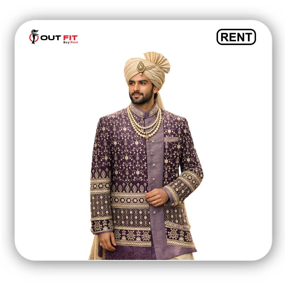 Royal Purple Indo-Western Sherwani for men wedding on rent in bangalore