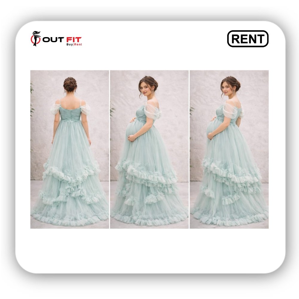 Pastel Mint Green Layered Ruffle Maternity Shoot Dress For Rent In Bangalore
