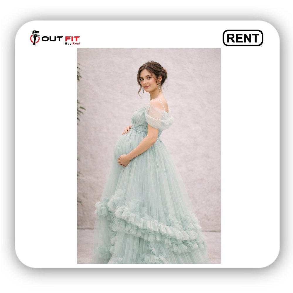 Pastel Mint Green Layered Ruffle Maternity Shoot Dress For Rent In Bangalore