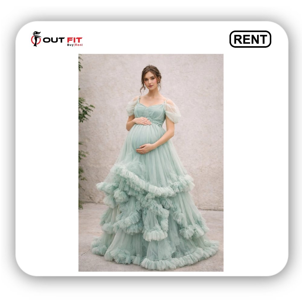 Pastel Mint Green Layered Ruffle Maternity Shoot Dress For Rent In Bangalore