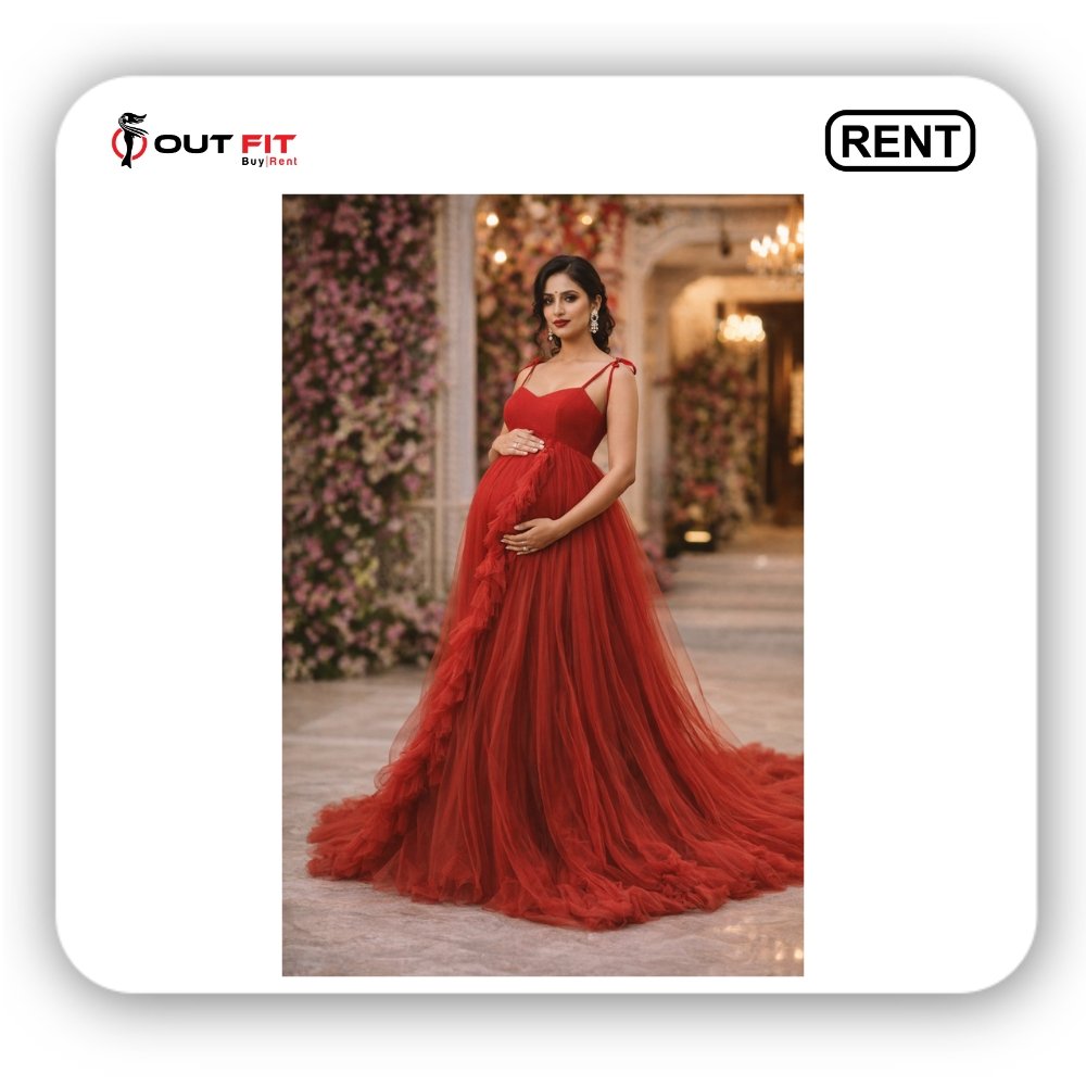 Red Maternity Shoot Net Dress On Rent in Bangalore