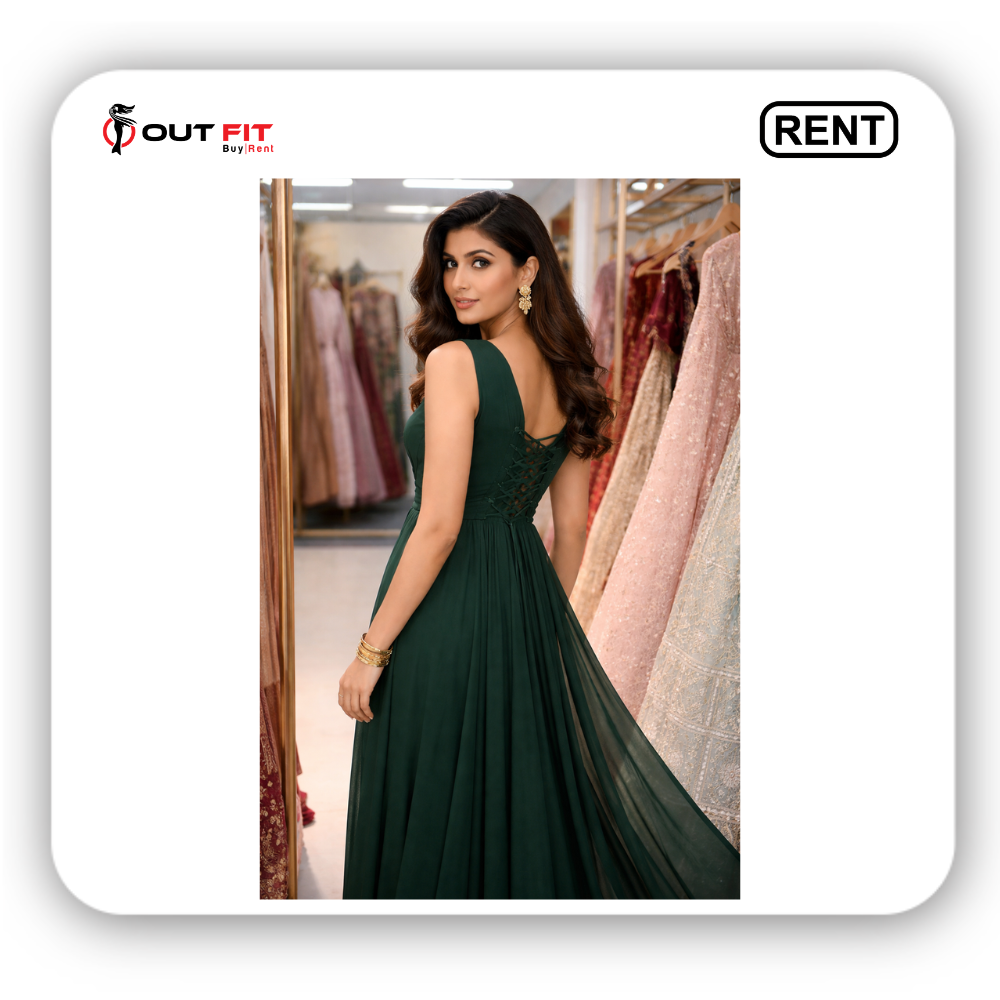 bottle green long tail dress for rent in bangalore