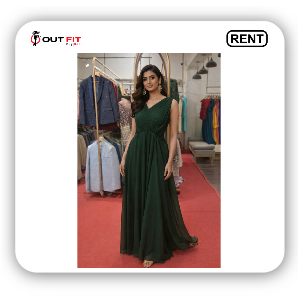 bottle green long tail dress for rent in bangalore