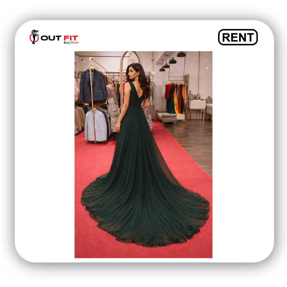 bottle green long tail dress for rent in bangalore