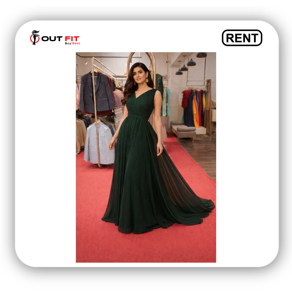 bottle green long tail dress for rent in bangalore