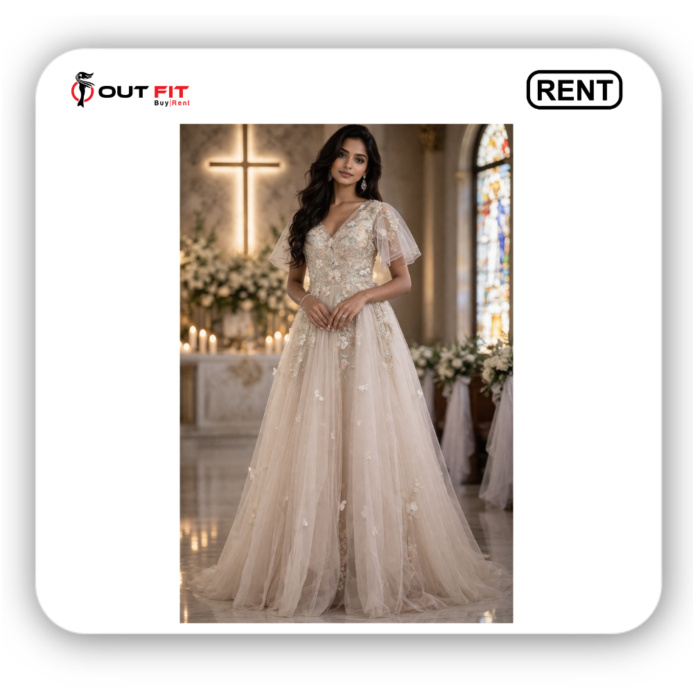 Elegant Ivory Floral Bridal Gown On Rent In Bangalore