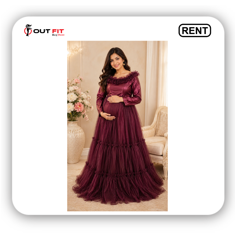 deep wine maternity dress for photoshoot on rent in bangalore