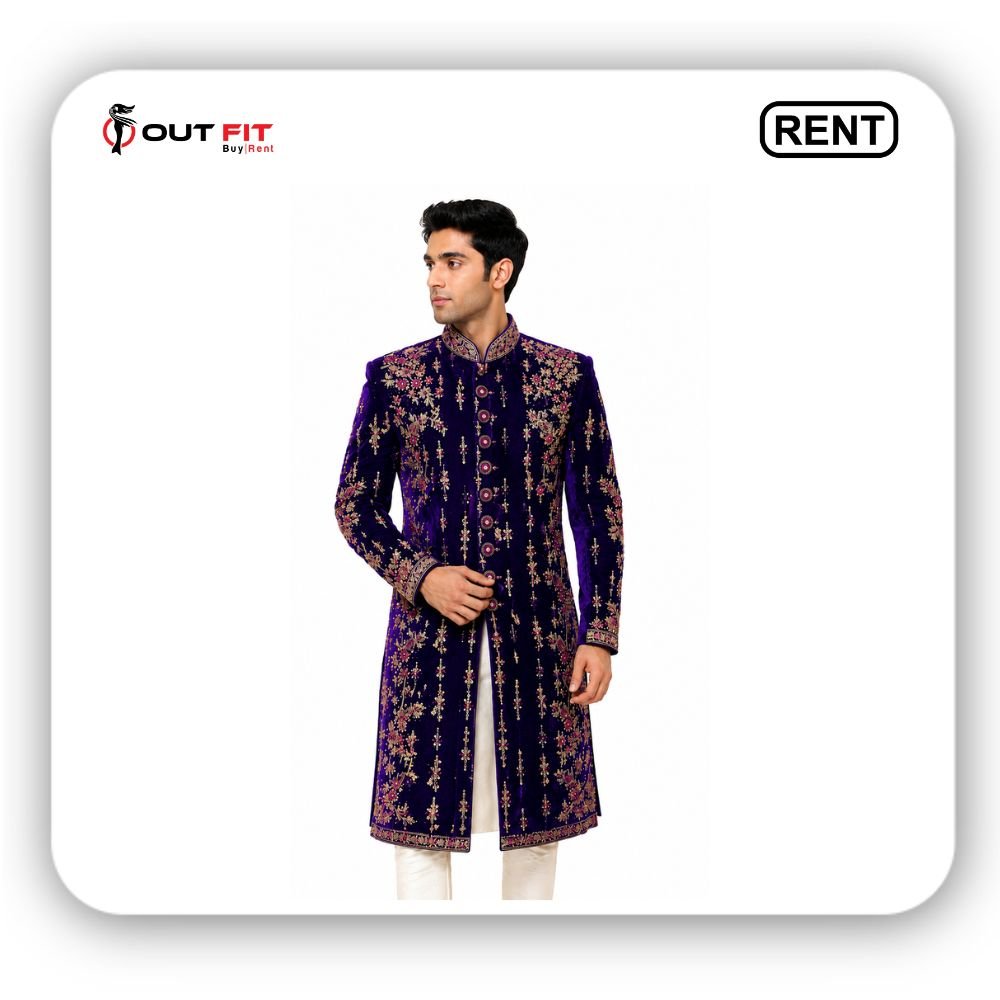 Purple Embroidered Sherwani On Rent in Bangalore