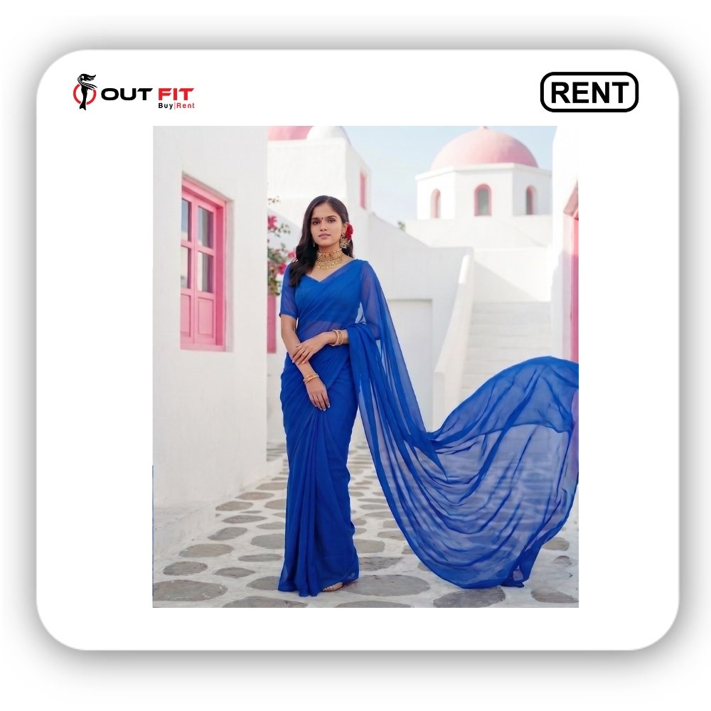 pre wedding long tail blue saree on rent in bangalore