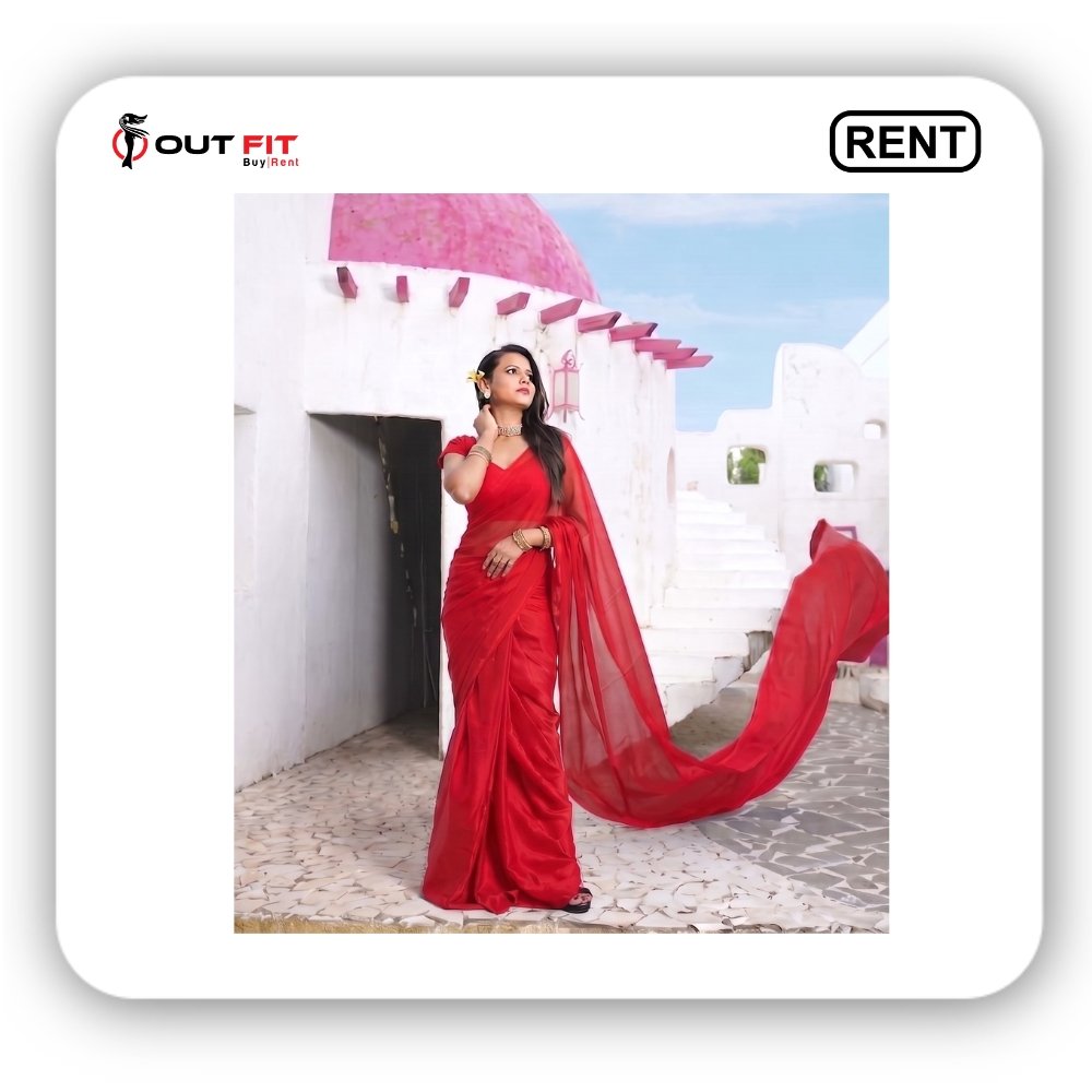 Red Pre Wedding Long Saree On Rent In Bangalore