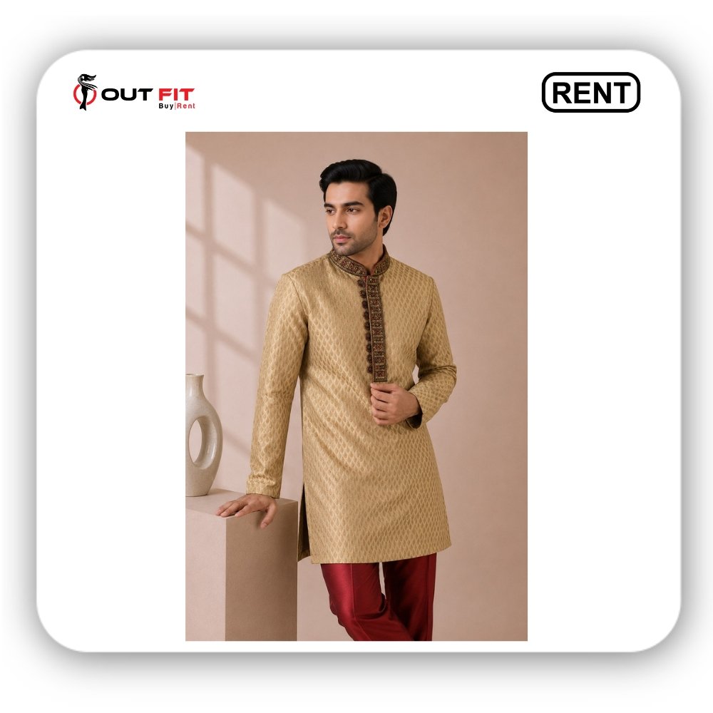 Premium Golden with Maroon Embroidery Sherwani on Rent in Bangalore (2) Premium Golden with Maroon Embroidery Sherwani on Rent in Bangalore