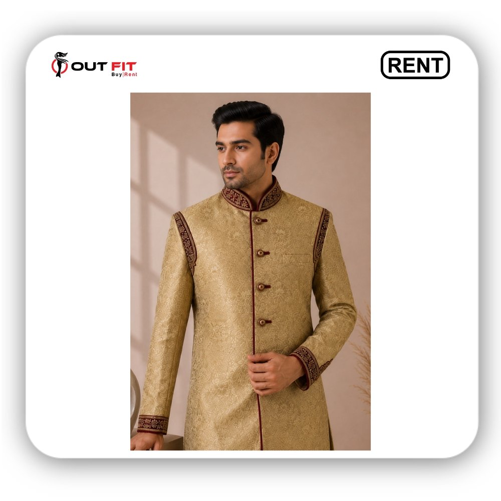 Premium Golden with Maroon Embroidery Sherwani on Rent in Bangalore (3) Premium Golden with Maroon Embroidery Sherwani on Rent in Bangalore