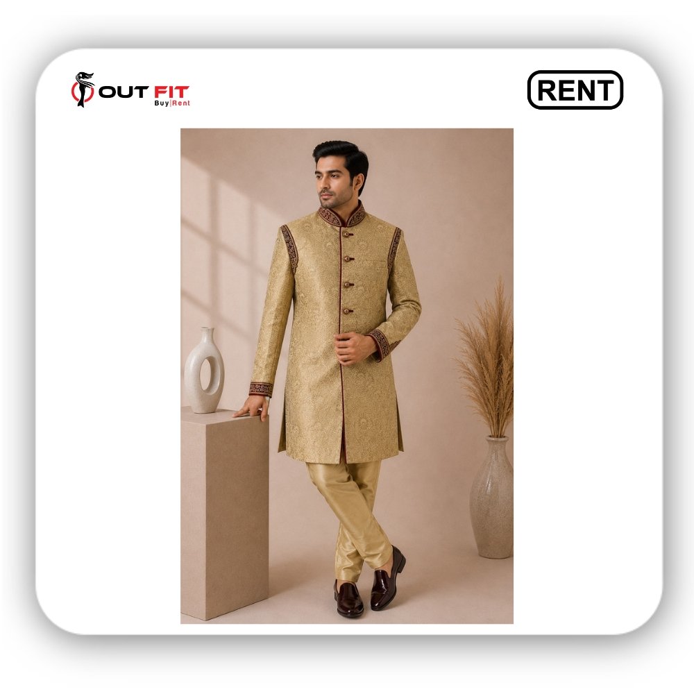 Premium Golden with Maroon Embroidery Sherwani on Rent in Bangalore