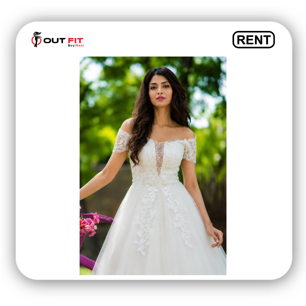 Stunning White Modern Bridal Elegant Wedding Wear on Rent in Bangalore (2) Happy bride wearing white modern bridal elegant wedding wear rented from Outfit Rental Shop Bangalore.