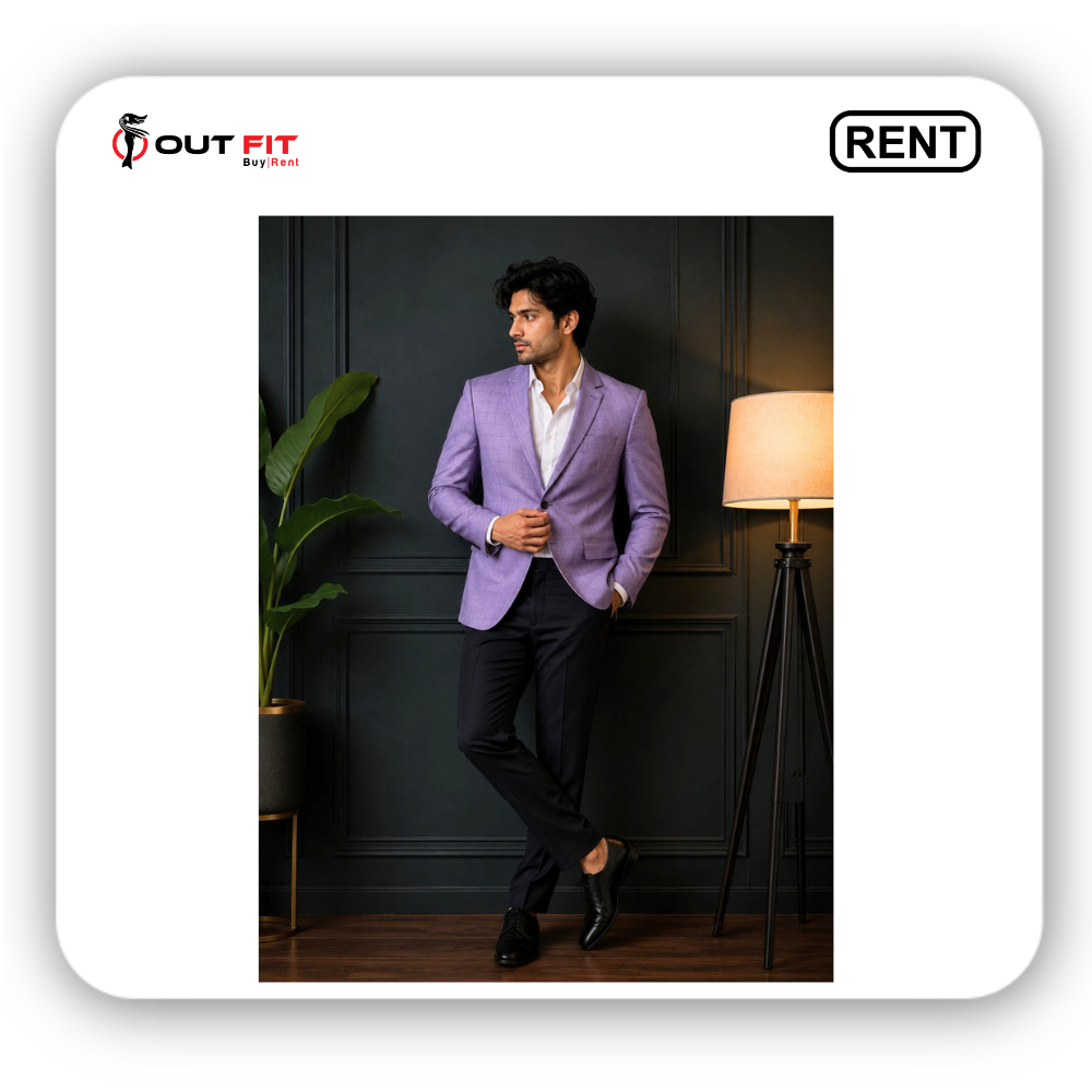 lavender purple check textured blazer for men back view bangalore
