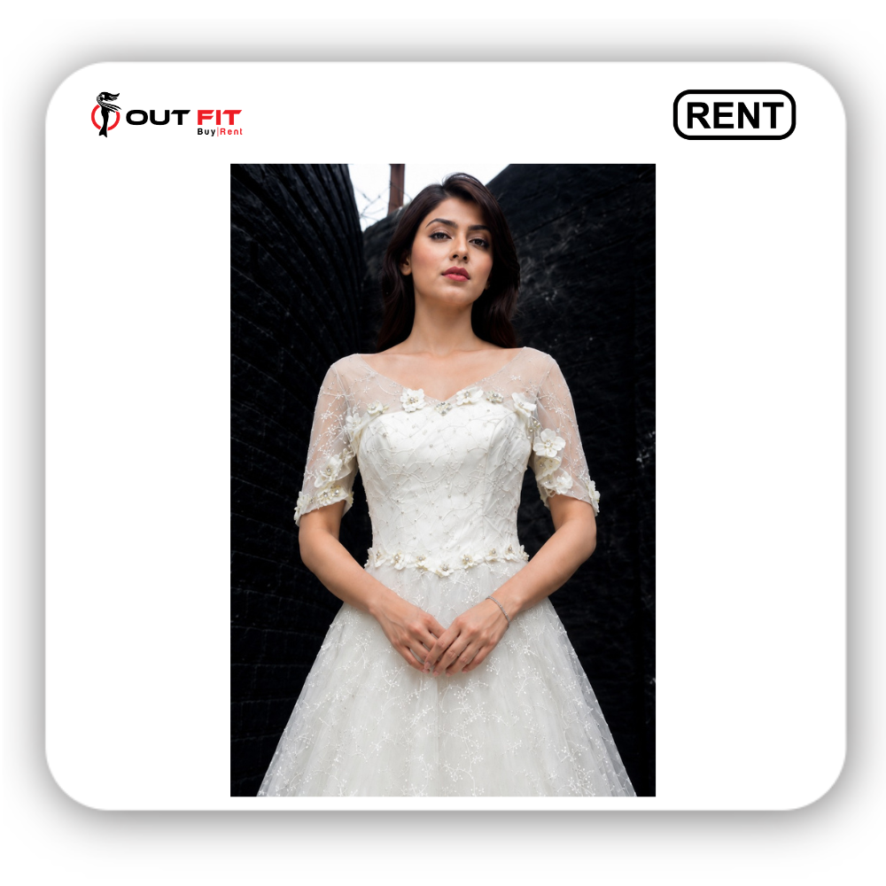Premium floral lace white embroidery gown on rent in Bangalore displayed on a mannequin.
