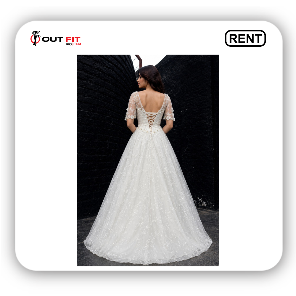 Premium floral lace white embroidery gown on rent in Bangalore displayed on a mannequin.