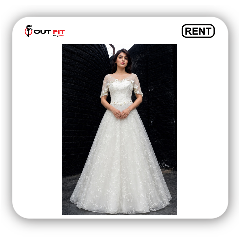 Premium floral lace white embroidery gown on rent in Bangalore displayed on a mannequin.