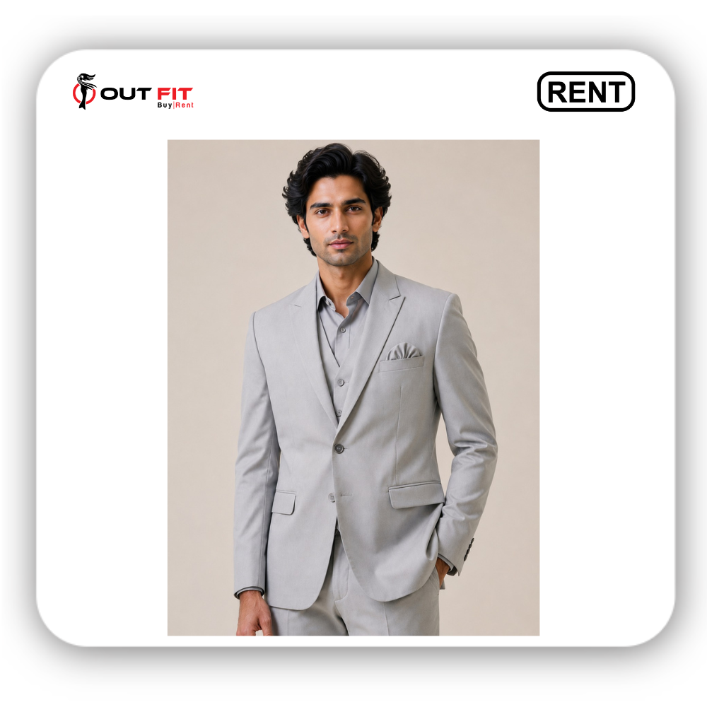 Groom wearing a premium light grey rental suit at a Bangalore wedding Groom wearing a premium light grey rental suit at a Bangalore wedding