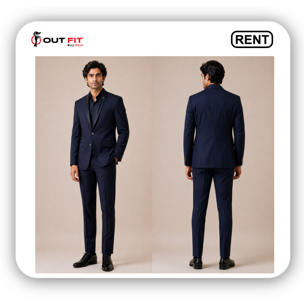 Handsome groom wearing premium navy blue men suits for wedding on rent in Bangalore