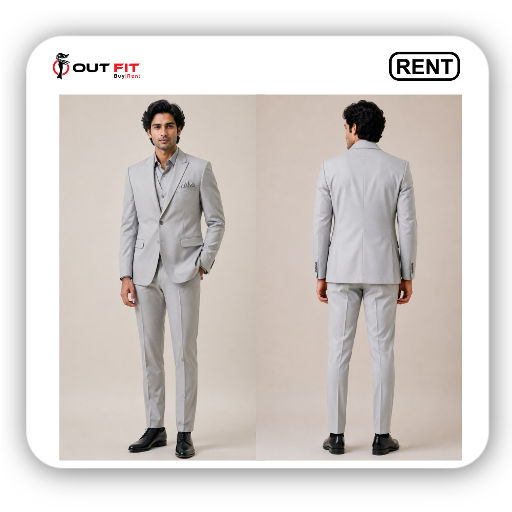 Light grey men suits for wedding on rent in Bangalore displayed on a mannequin