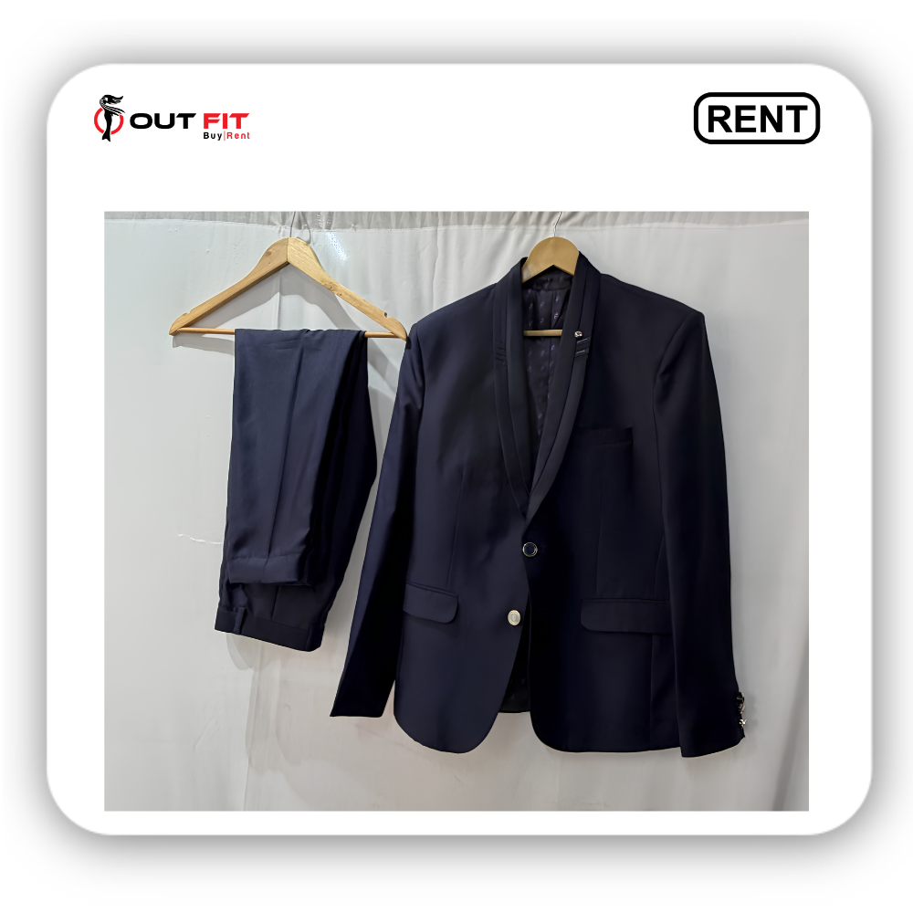 Navy blue suit jacket hanging on a wooden hanger inside a Bangalore rental shop Navy blue suit jacket hanging on a wooden hanger inside a Bangalore rental shop