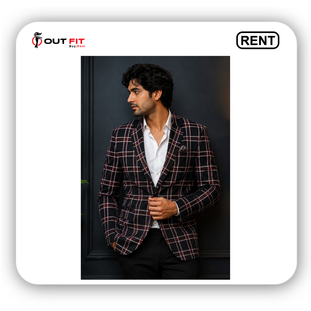 black checks blazer for men for rent in bangalore front view black checks blazer for men for rent in bangalore front view