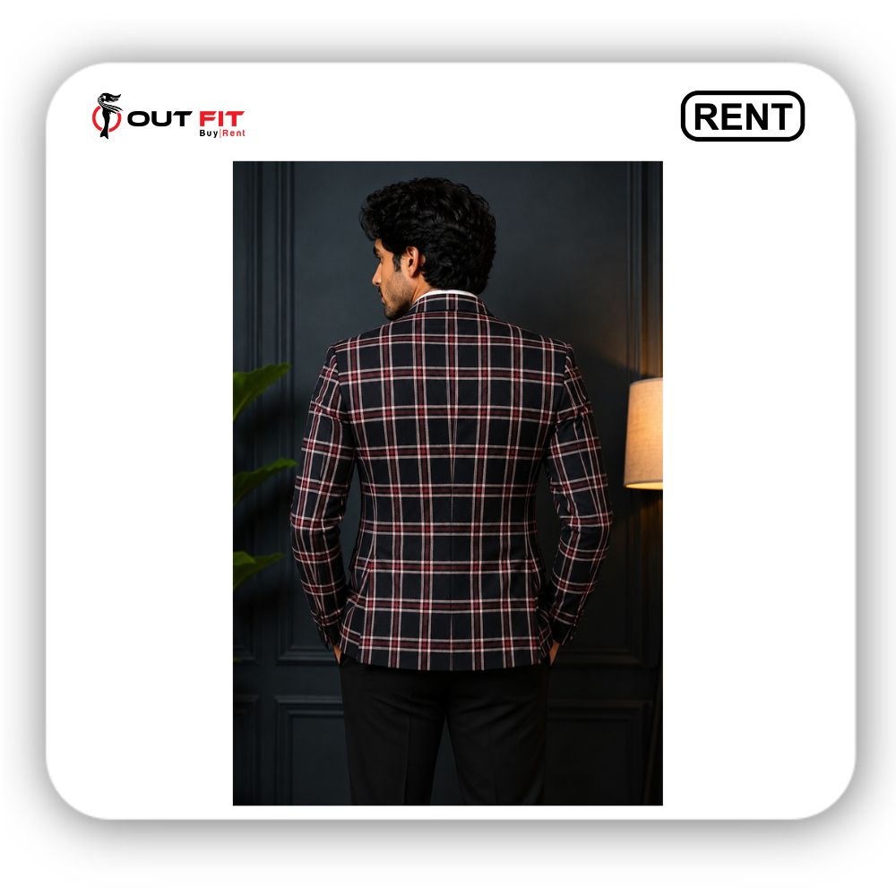 men wearing dark check blazer with red lines on rent in bangalore men wearing dark check blazer with red lines on rent in bangalore