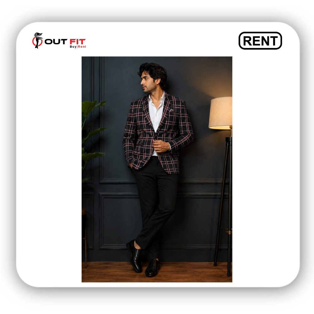 close up of tailored black checked blazer pocket and lapel bangalore