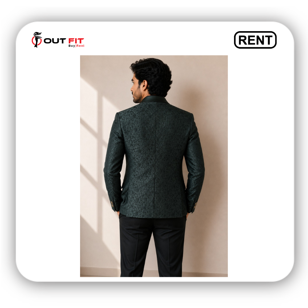 bottle green blazer for men on rent in bangalore back view showing fit bottle green blazer for men on rent in bangalore back view showing fit