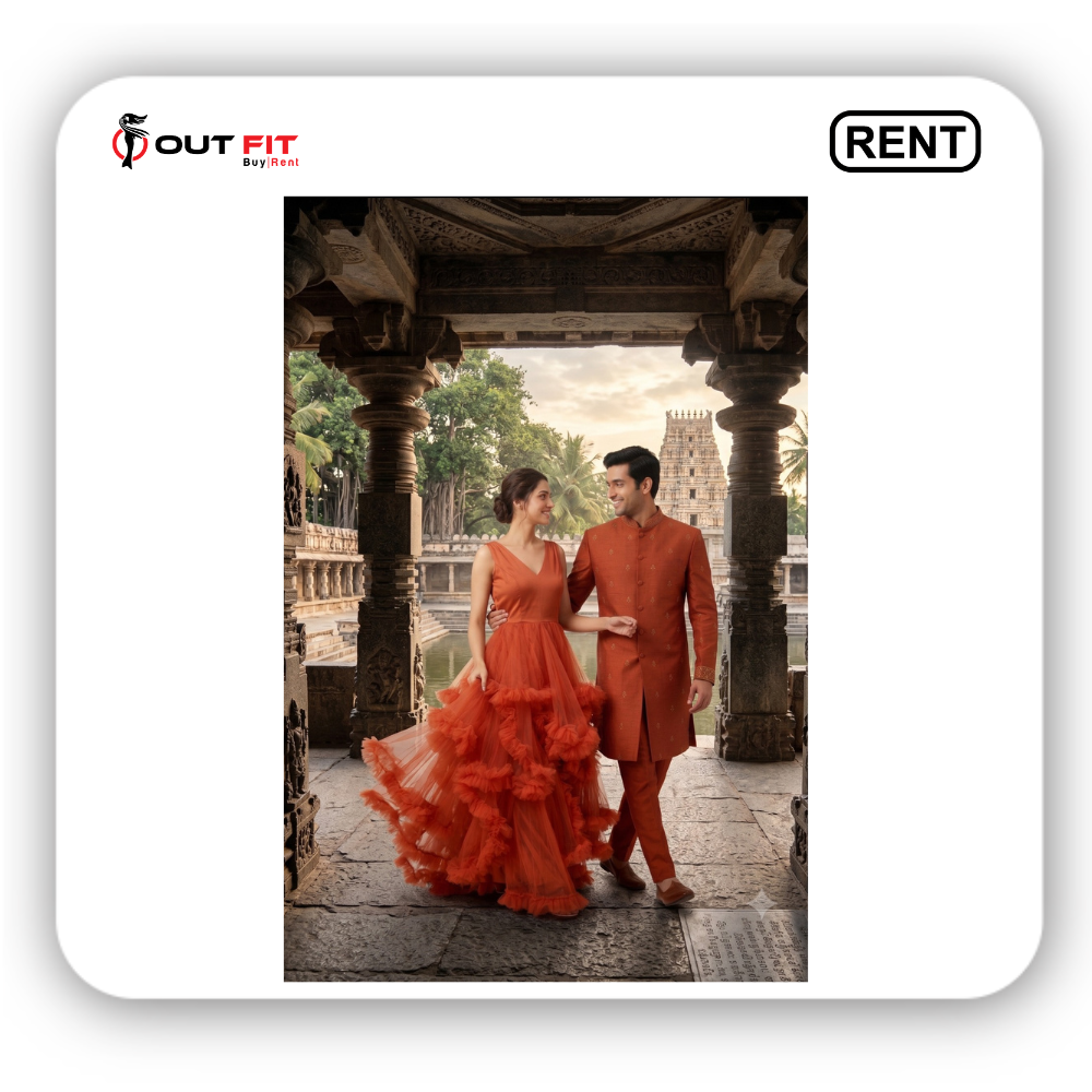 rent pre wedding orange dress couple photoshoot in bangalore bride and groom in orange ruffle gown and sherwani