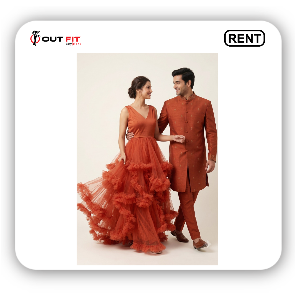 rent pre wedding orange dress couple photoshoot in bangalore bride and groom in orange ruffle gown and sherwani