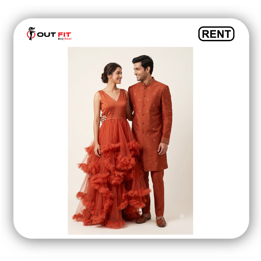 rent pre wedding orange dress couple photoshoot in bangalore bride and groom in orange ruffle gown and sherwani
