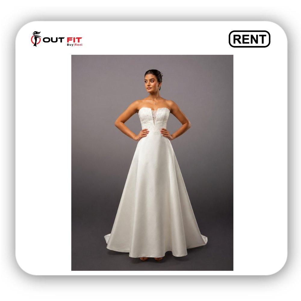 Bride wearing a white off shoulder bridal gown on rent in Bangalore